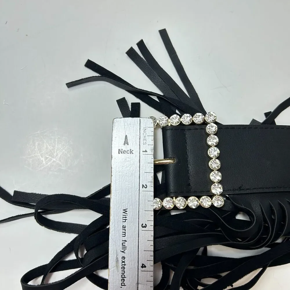 Women's NWOT Black Fringe Clear Gem Detail Buckle Elastic and Faux Leather Belt